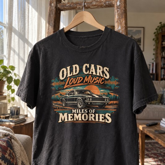 Black vintage t-shirt hanging with printed classic car and Miles of Memories slogan