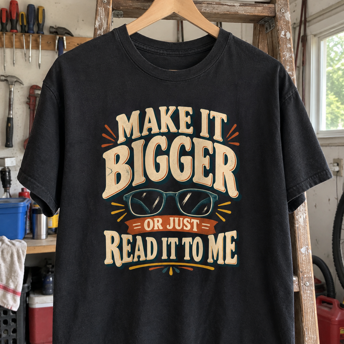 Black vintage t-shirt hanging in a workshop with printed glasses and bold lettering