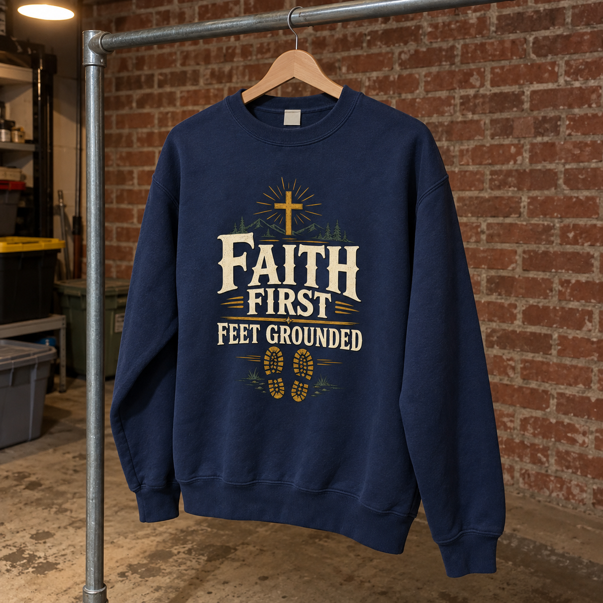 Navy vintage sweatshirt hanging against brick wall with printed Faith First Feet Grounded design