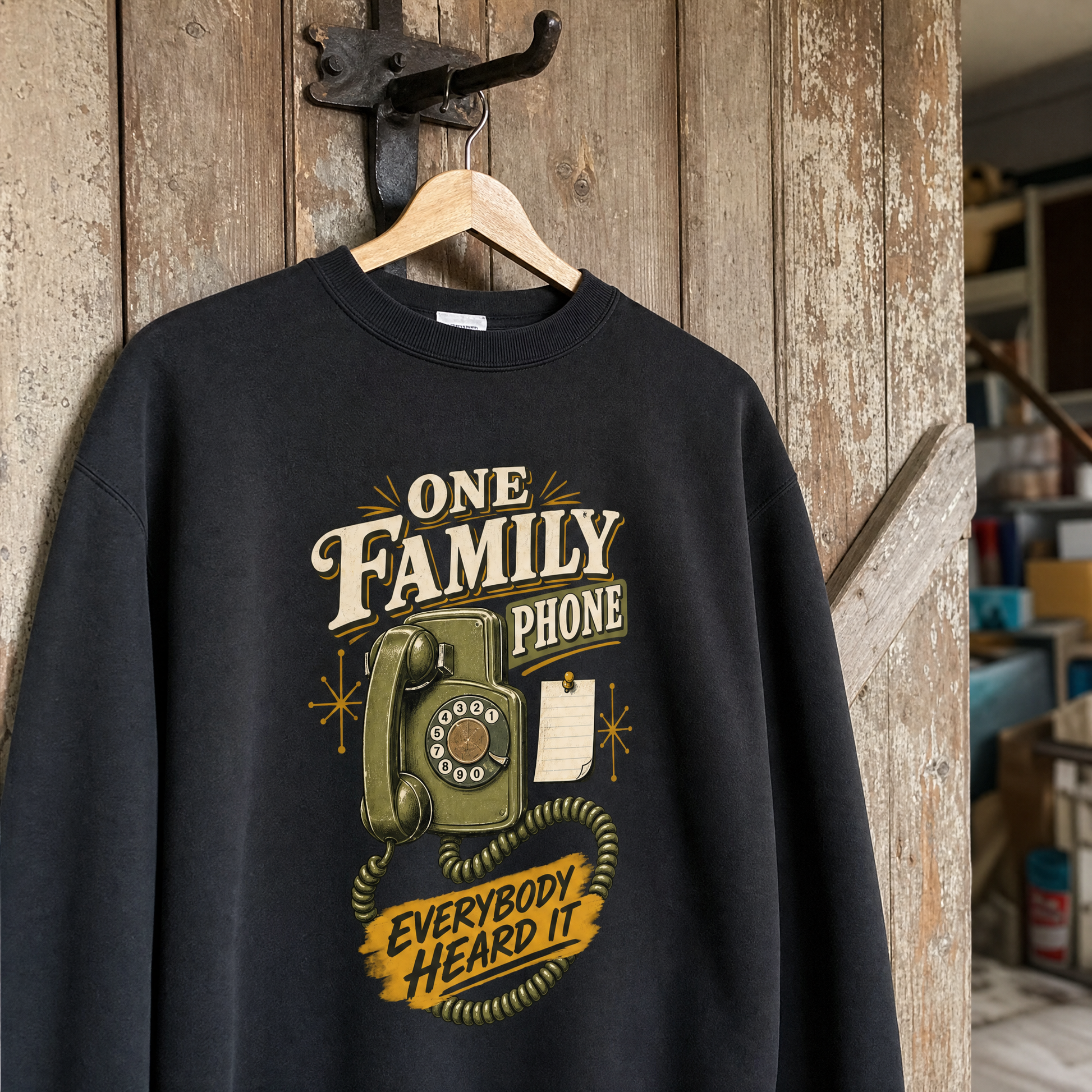 Black vintage sweatshirt with printed One Family Phone Everybody Heard It design, hanging view