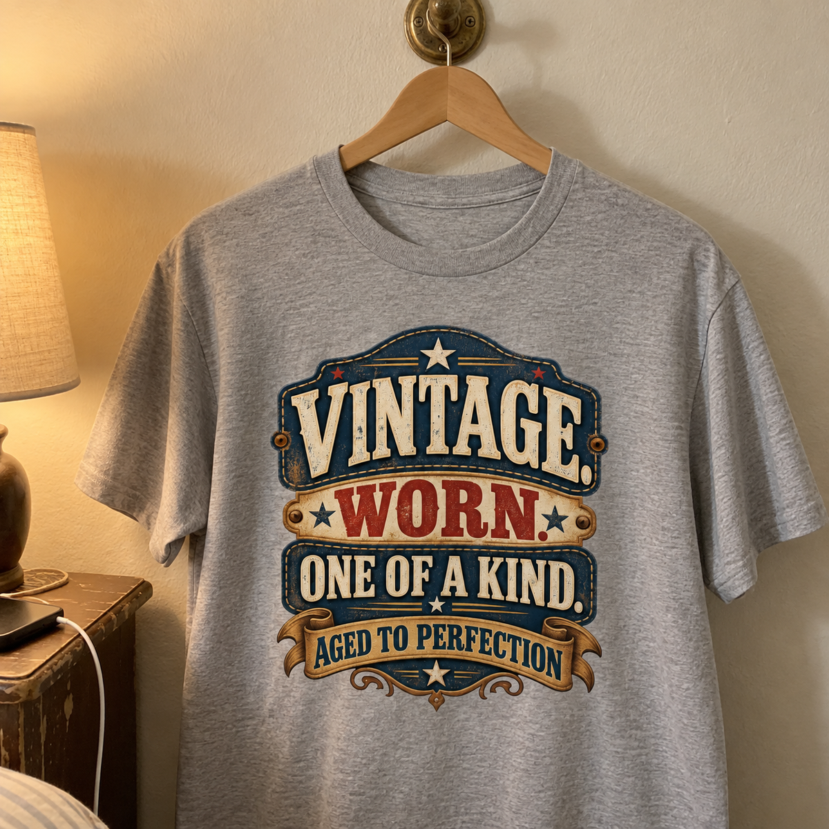 Gray vintage t-shirt hanging on a wooden hanger with printed Aged to Perfection design