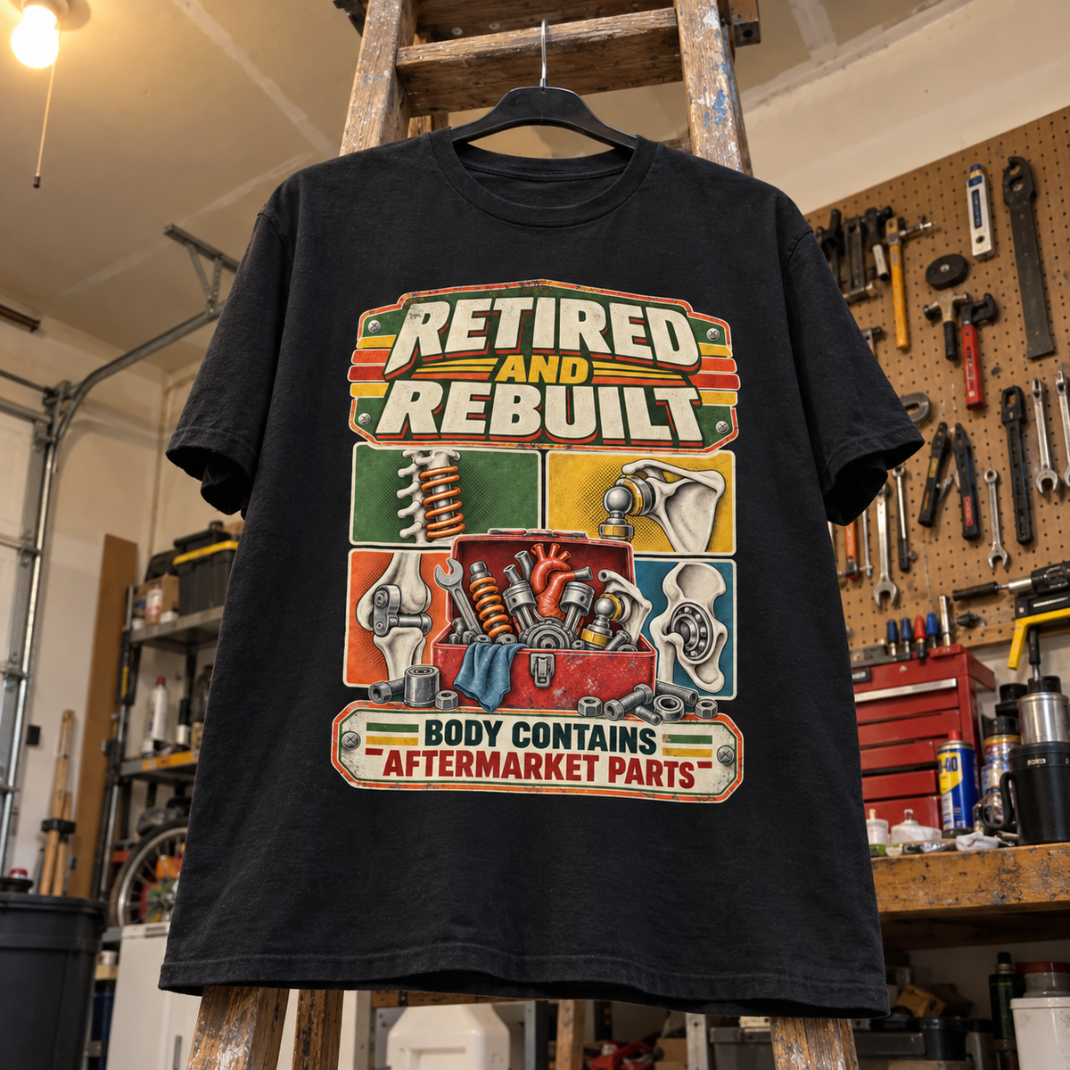 Black vintage t-shirt hanging in workshop, printed “Retired And Rebuilt. Body Contains Aftermarket Parts.”