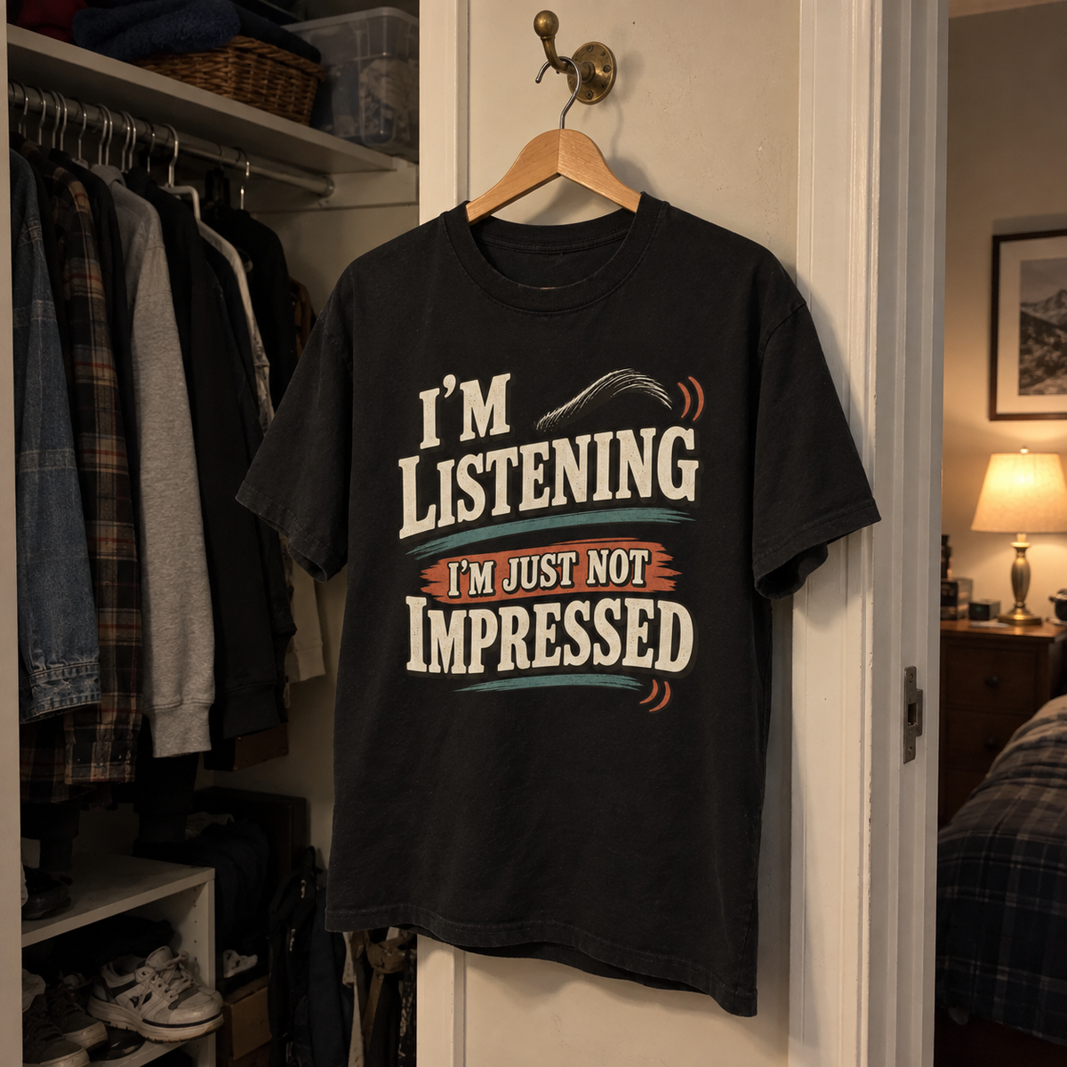 Black vintage t-shirt hanging on a wooden hanger, printed I'm Listening I'm Just Not Impressed