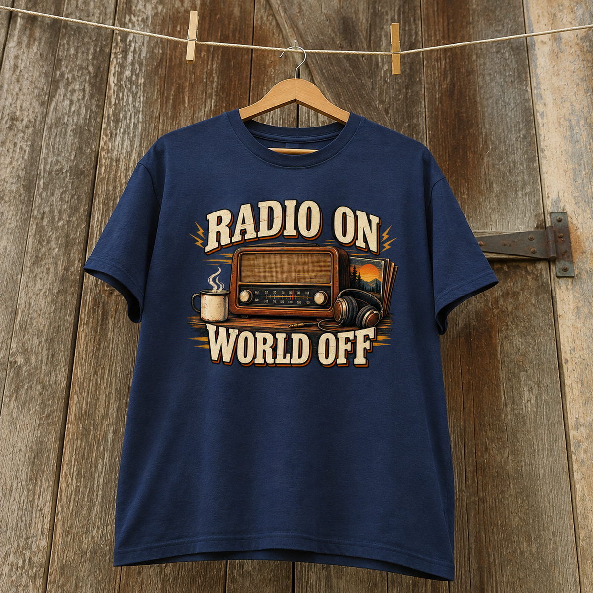 Navy vintage t-shirt hanging with printed Radio On World Off radio design on front