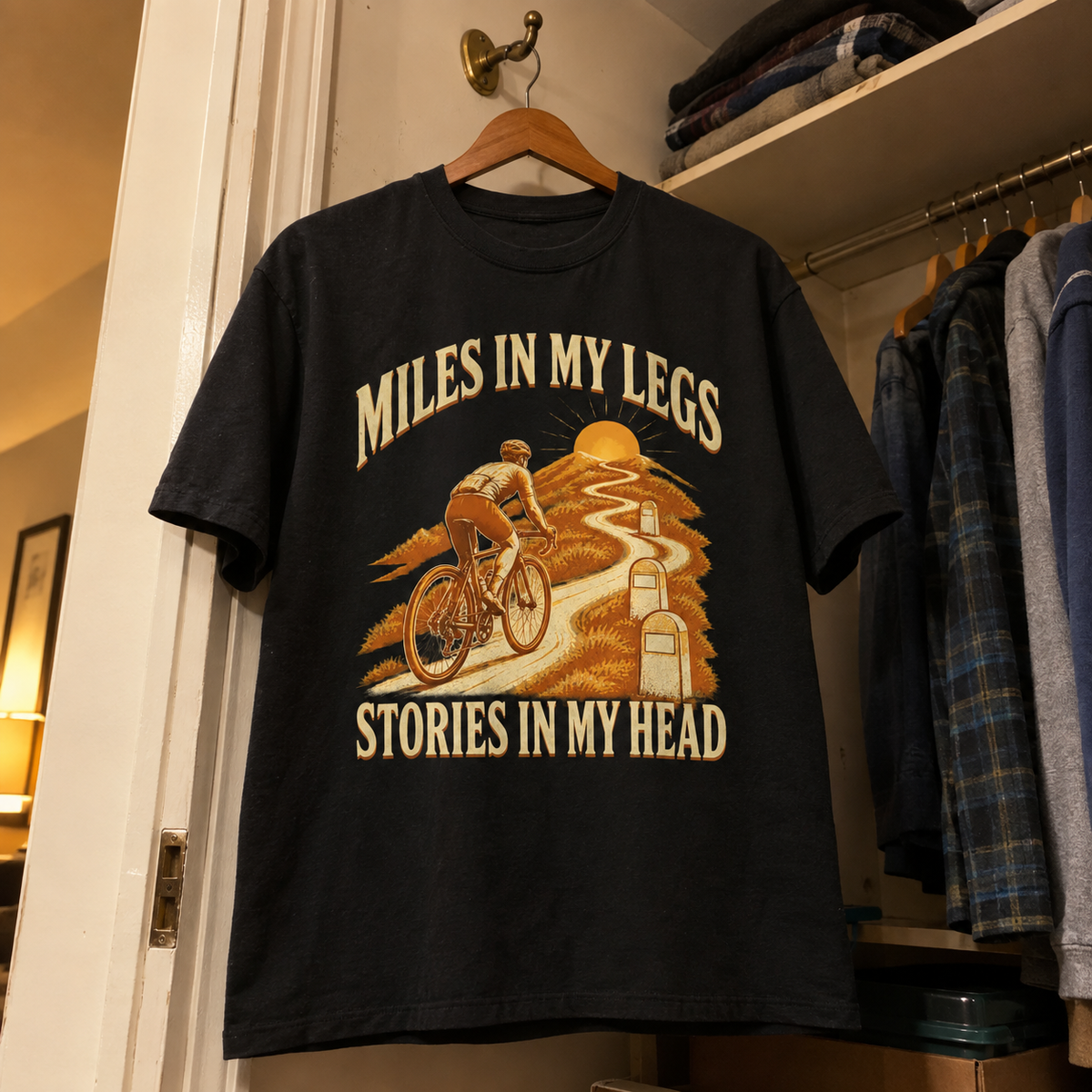 Black vintage t-shirt hanging with printed cyclist design and Miles In My Legs Stories In My Head slogan