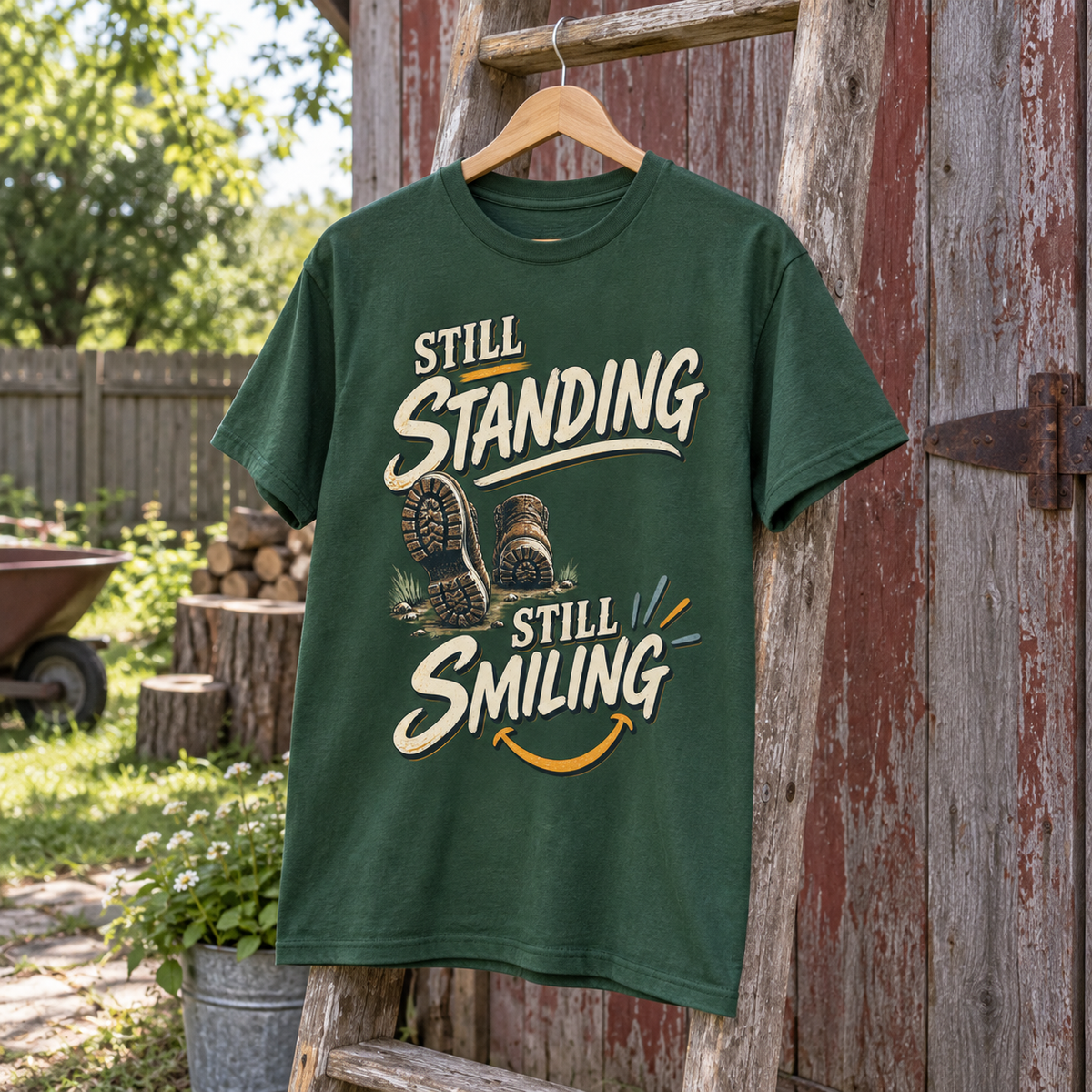 Dark green vintage t-shirt hanging outdoors with printed Still Standing Still Smiling slogan and boots.