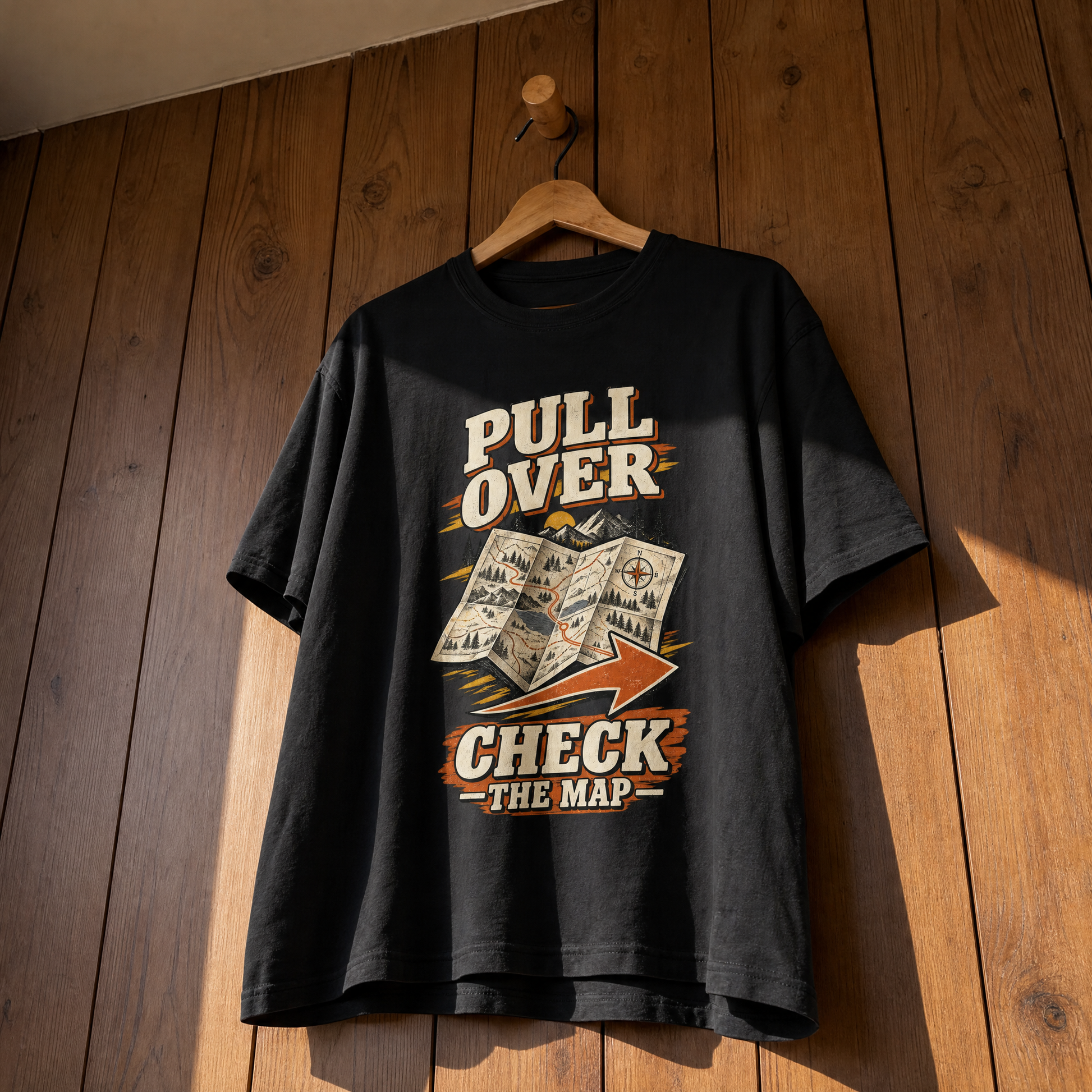 Black vintage t-shirt hanging with printed Pull Over Check The Map design