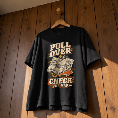 Black vintage t-shirt hanging with printed Pull Over Check The Map design