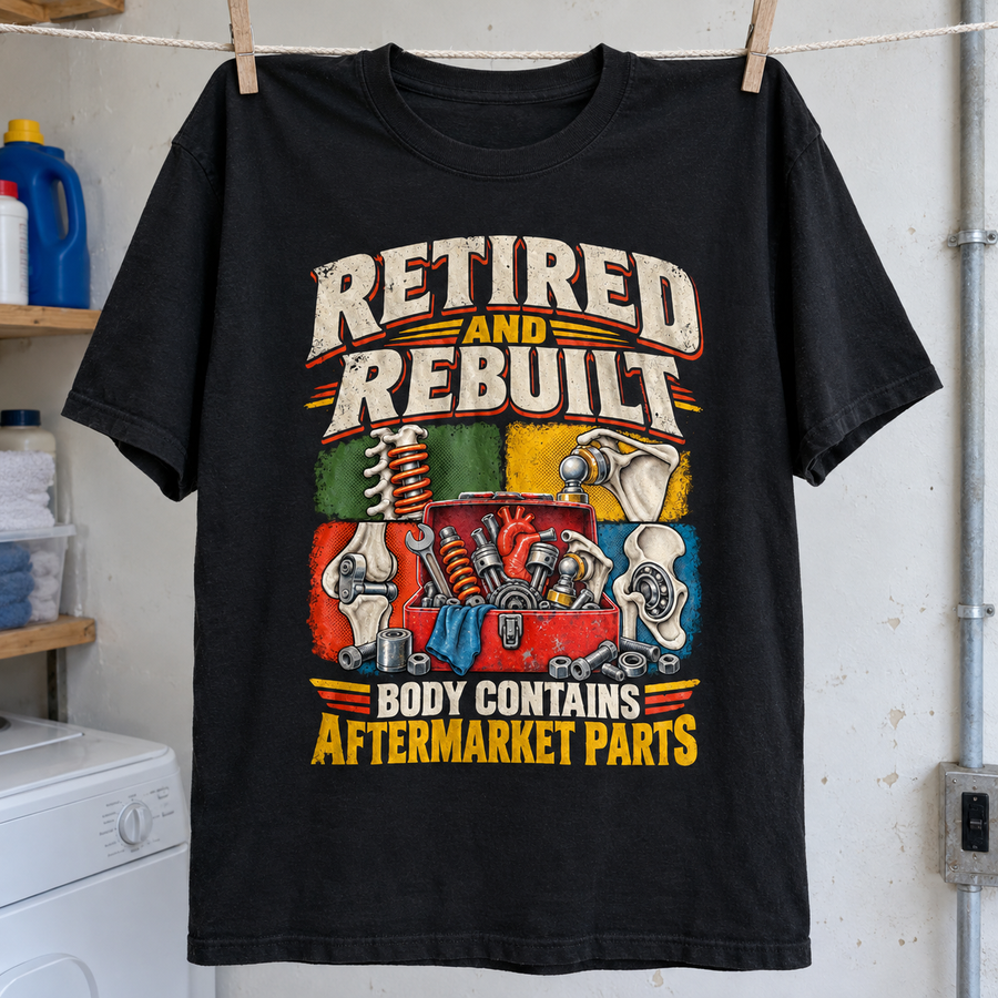 Black vintage T-shirt hanging with printed “Retired And Rebuilt” slogan and colorful aftermarket parts illustration