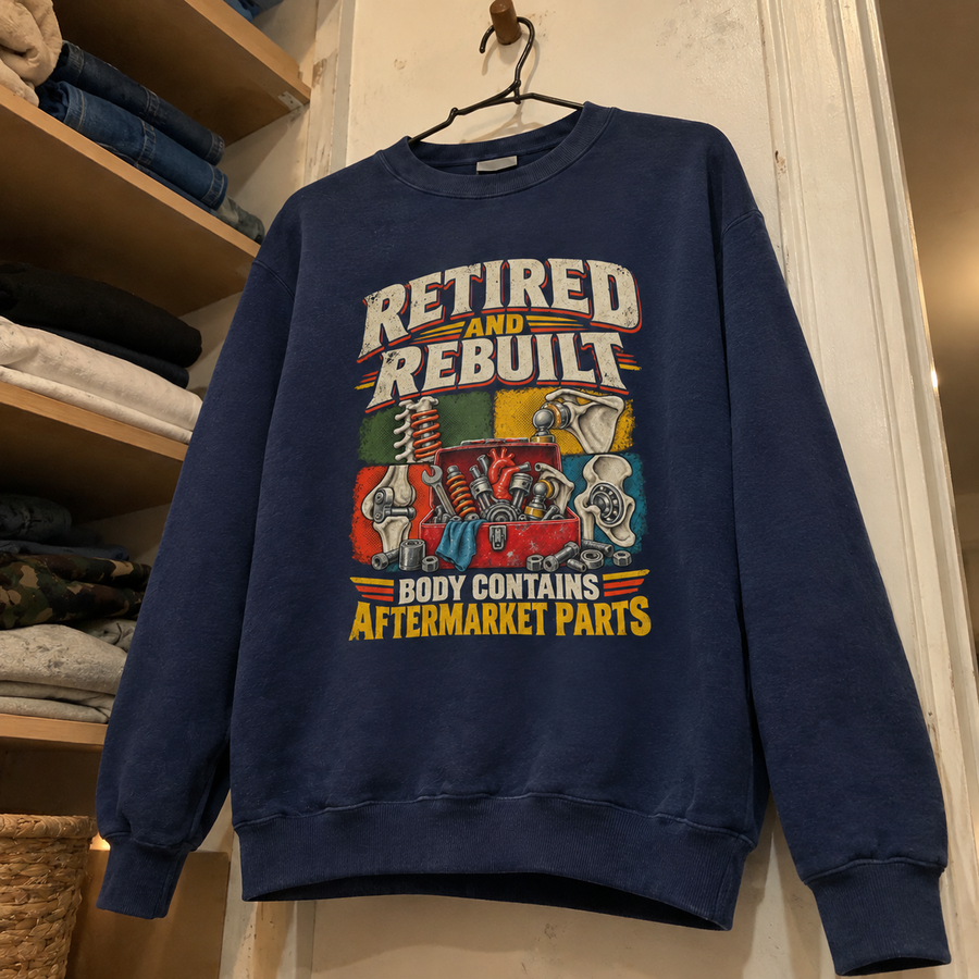 Navy blue vintage sweatshirt hanging on a hanger, printed with Retired And Rebuilt automotive parts graphic and slogan