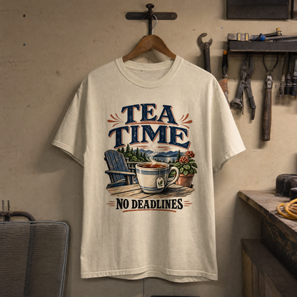 Cream vintage t-shirt hanging with printed “Tea Time. No Deadlines” coffee scene design.