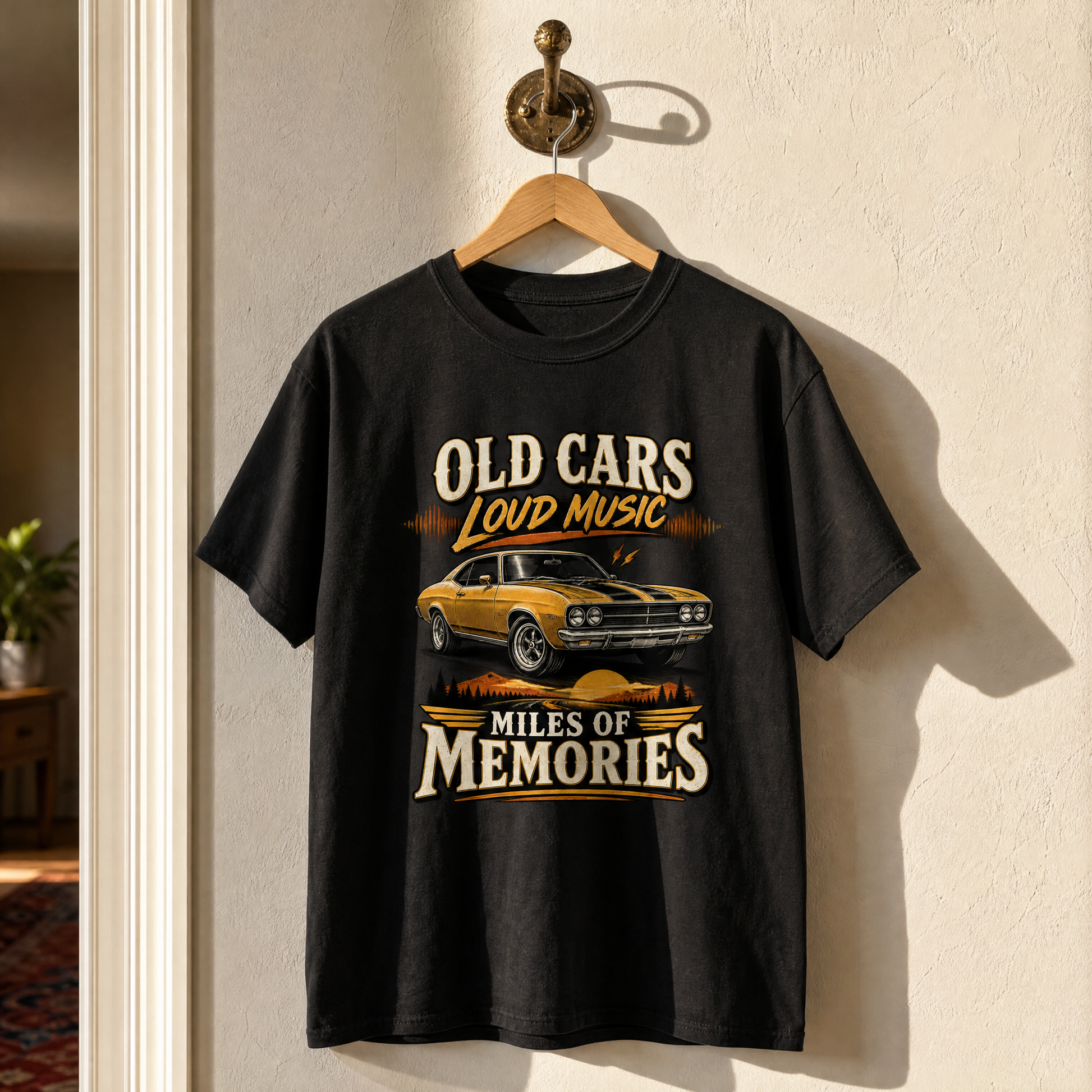 Hanging vintage t-shirt with printed Happy Weekend! slogan design front view