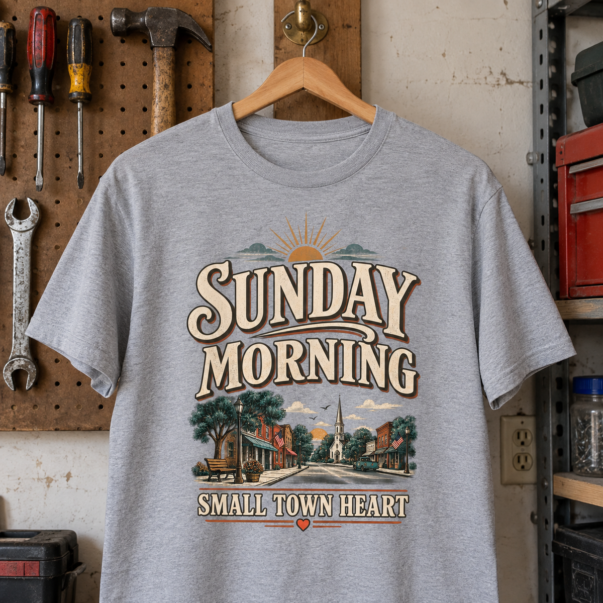 Gray vintage t-shirt hanging in workshop with printed Sunday Morning Small Town Heart design
