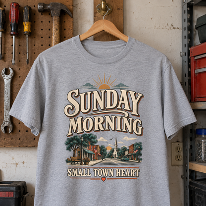Gray vintage t-shirt hanging in workshop with printed Sunday Morning Small Town Heart design