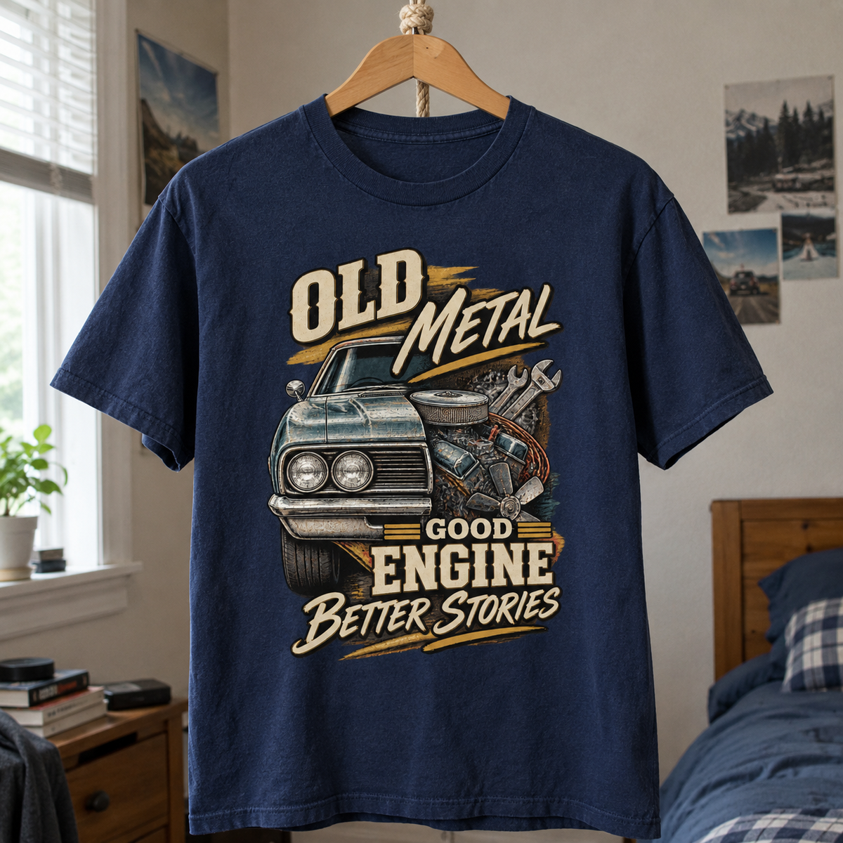 Navy vintage t-shirt hanging with printed Old Metal Good Engine Better Stories car design