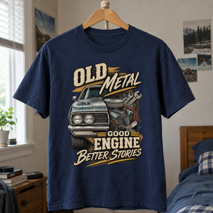 Navy vintage t-shirt hanging with printed Old Metal Good Engine Better Stories car design