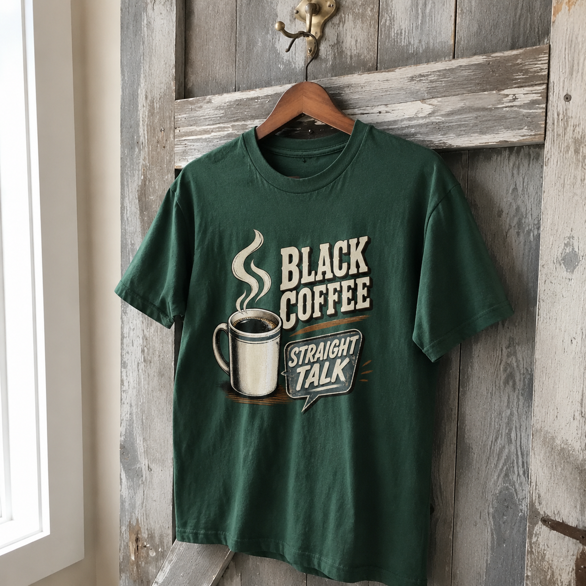 Dark green vintage t-shirt hanging with printed Black Coffee Straight Talk design.