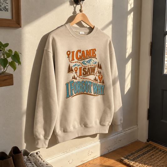 Cream vintage sweatshirt hanging with printed I Came I Saw I Forgot Why slogan