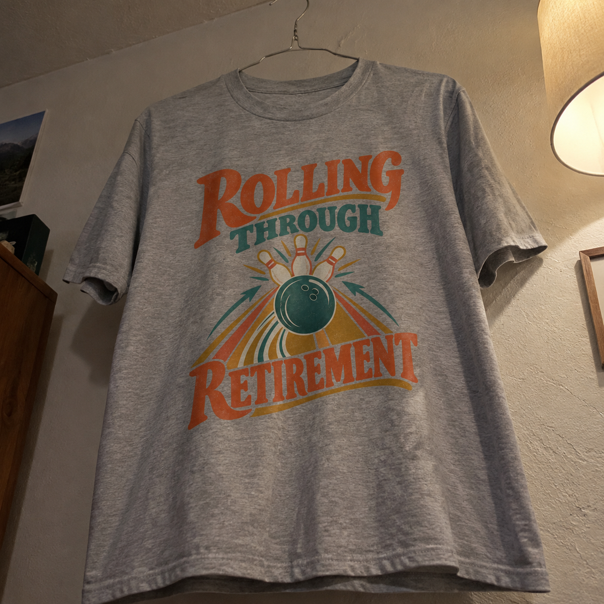 vintage t-shirt on hanger with Rolling Through Retirement printed design