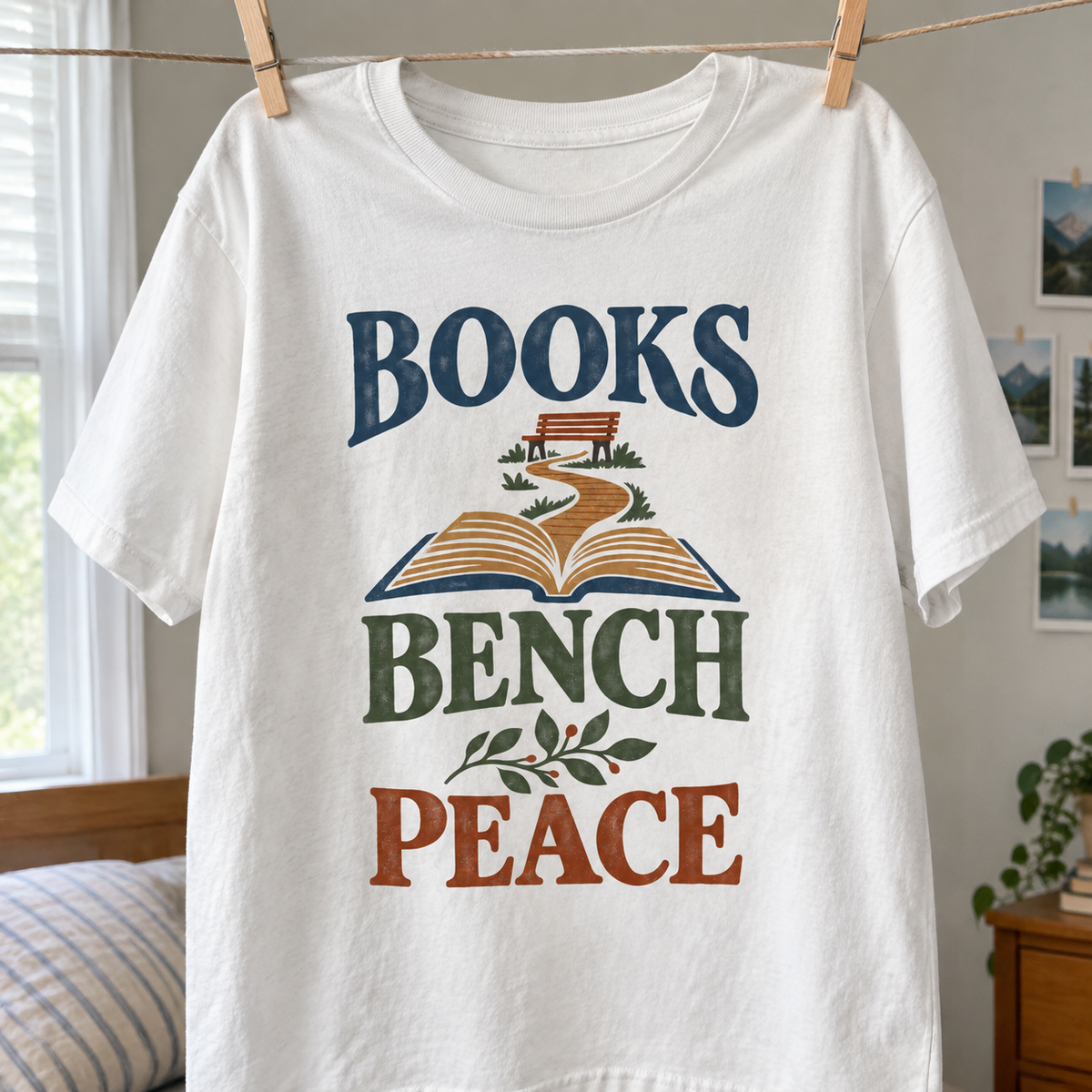 White vintage t-shirt hanging with printed Books Bench Peace design and open book bench graphic