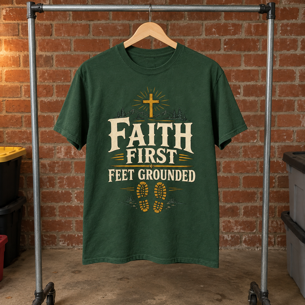 Forest green vintage t-shirt hanging against brick wall with printed Faith First Feet Grounded design.