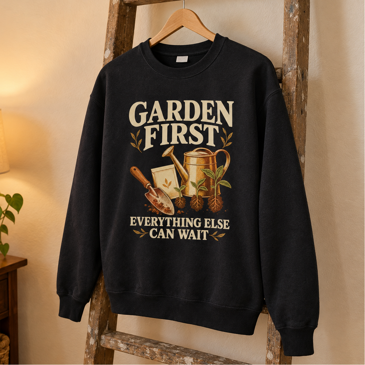 Black vintage sweatshirt hanging with printed Garden First Everything Else Can Wait garden design