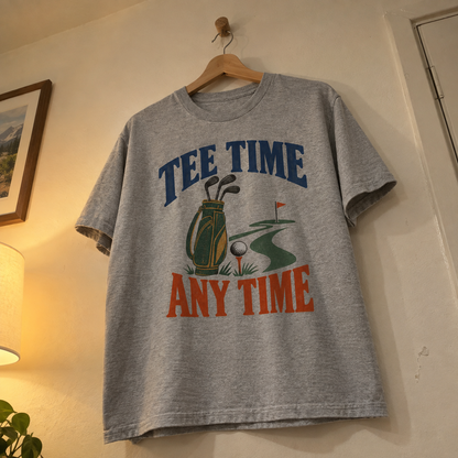 Gray vintage t-shirt with printed Tee Time Any Time golf design, hanging front view