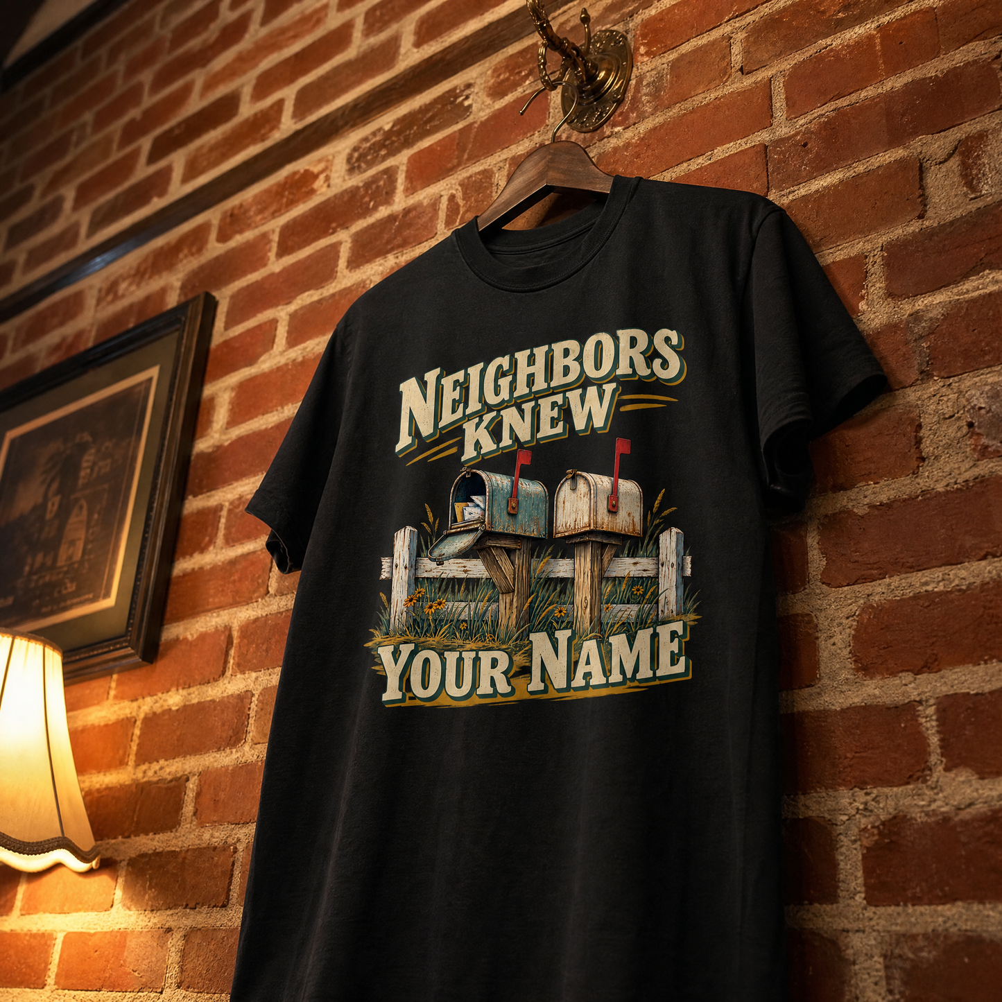Black vintage t-shirt hanging on brick wall with Neighbors Knew Your Name printed design
