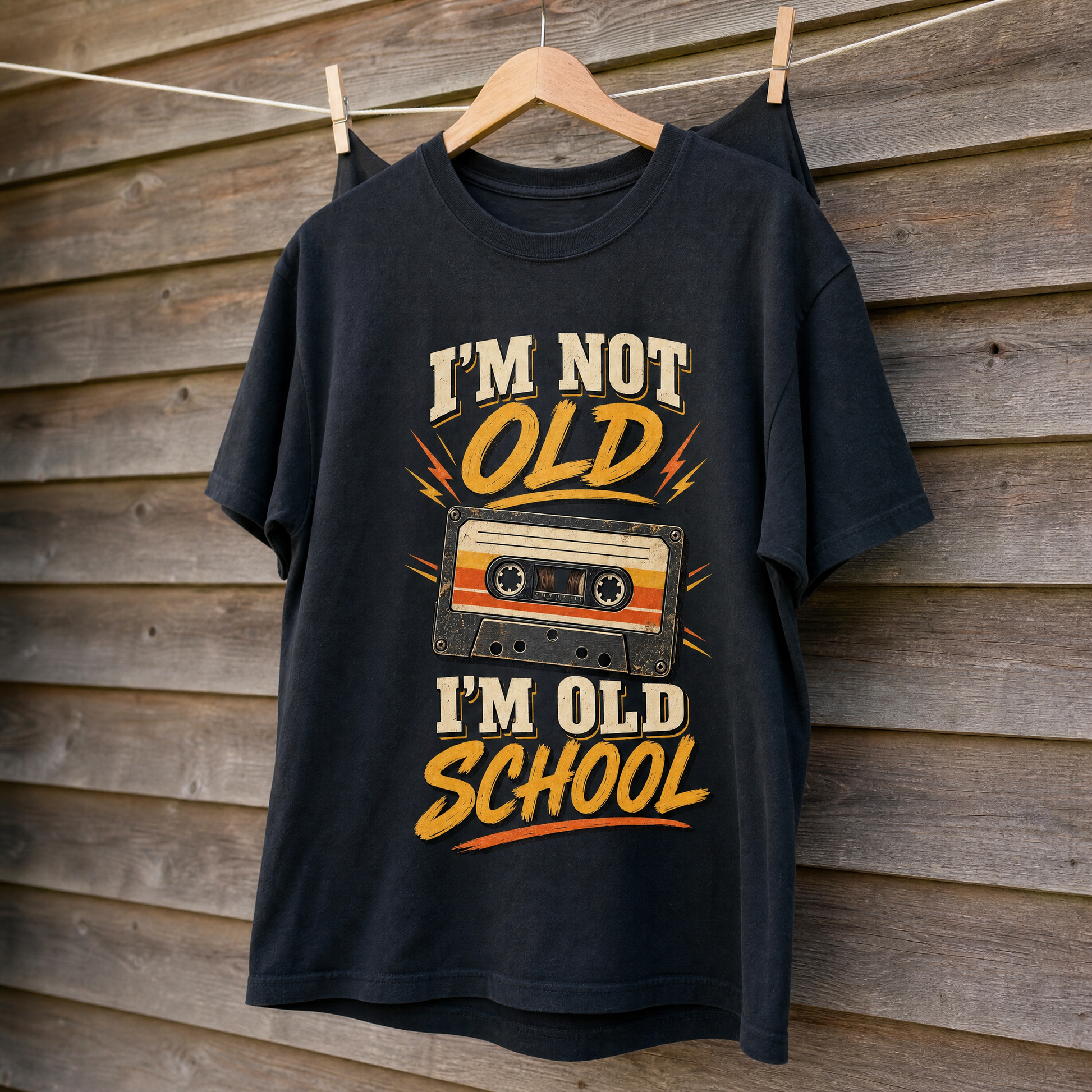 Vintage t-shirt hanging, featuring printed “41 I’m Old School” ideogram design.