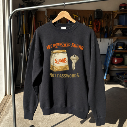 Black vintage sweatshirt hanging with printed sugar bag, key, and “We Borrowed Sugar” slogan