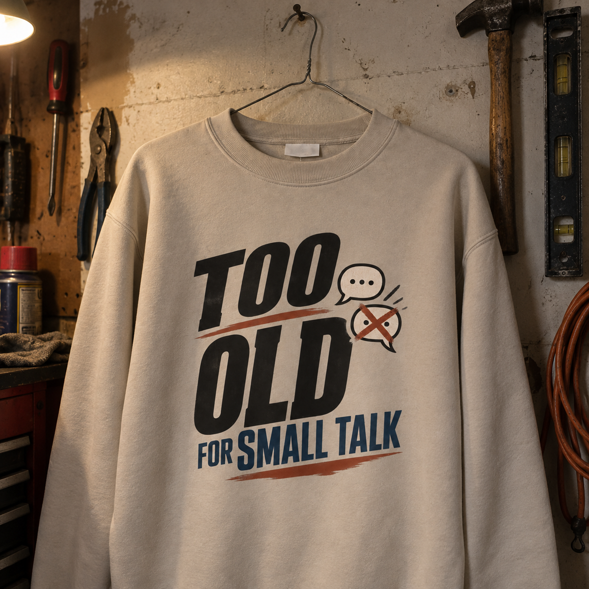 Cream vintage sweatshirt hanging in workshop with printed Too Old For Small Talk slogan.