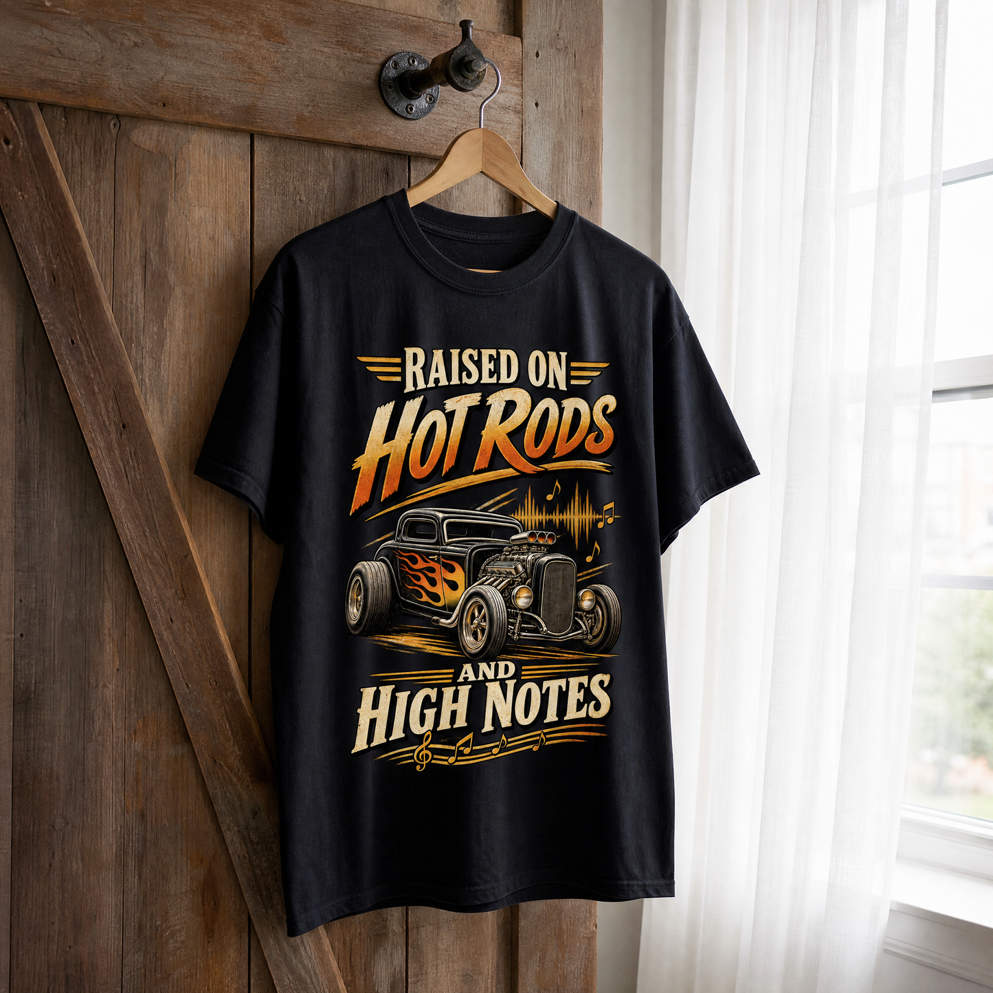 Hanging vintage t-shirt with printed 36 hot rods and high notes ideogram design