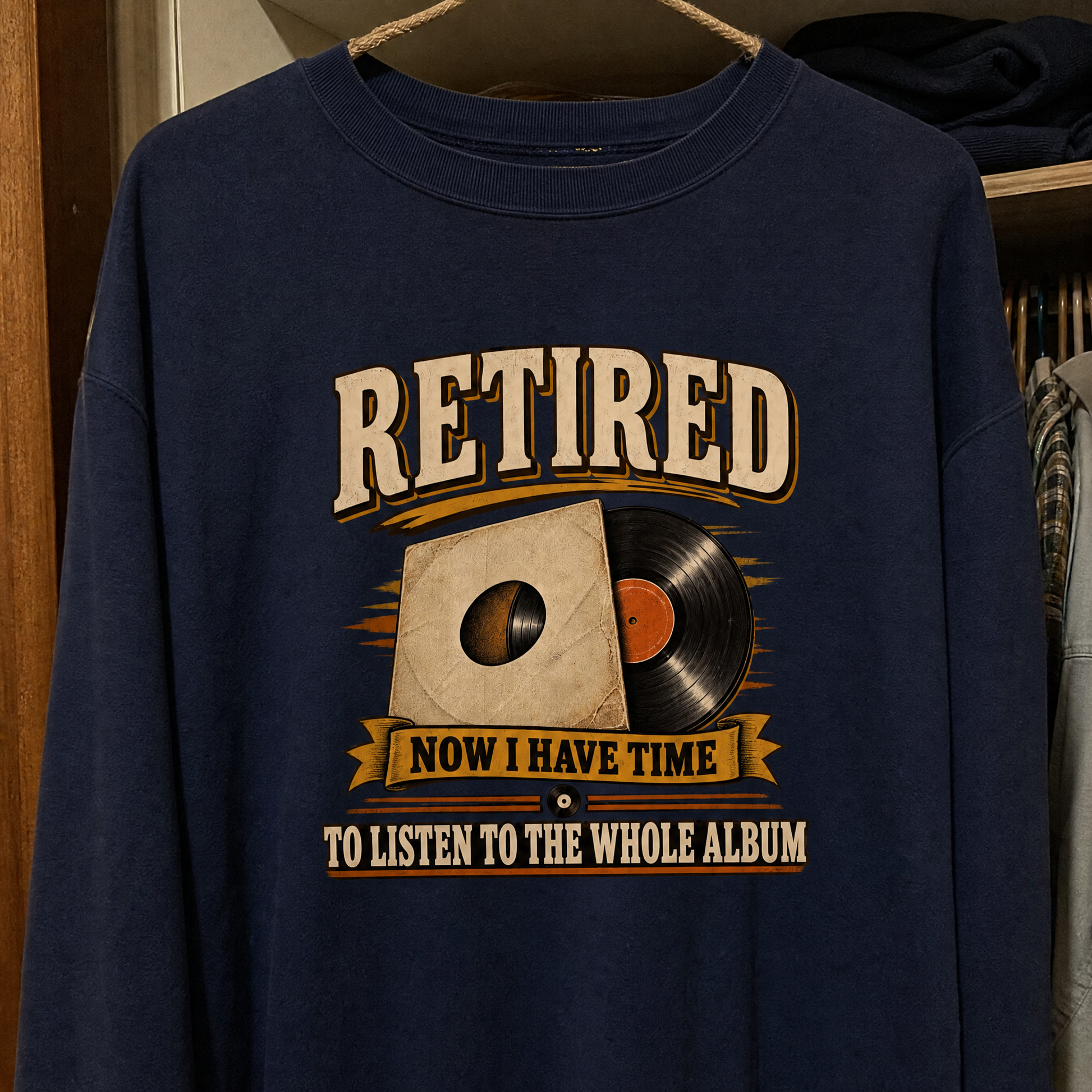 37 Time for the Whole Album printed vintage sweatshirt hanging against a simple background