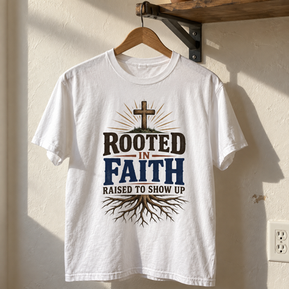 White vintage t-shirt hanging with printed cross and “Rooted In Faith Raised To Show Up” slogan.