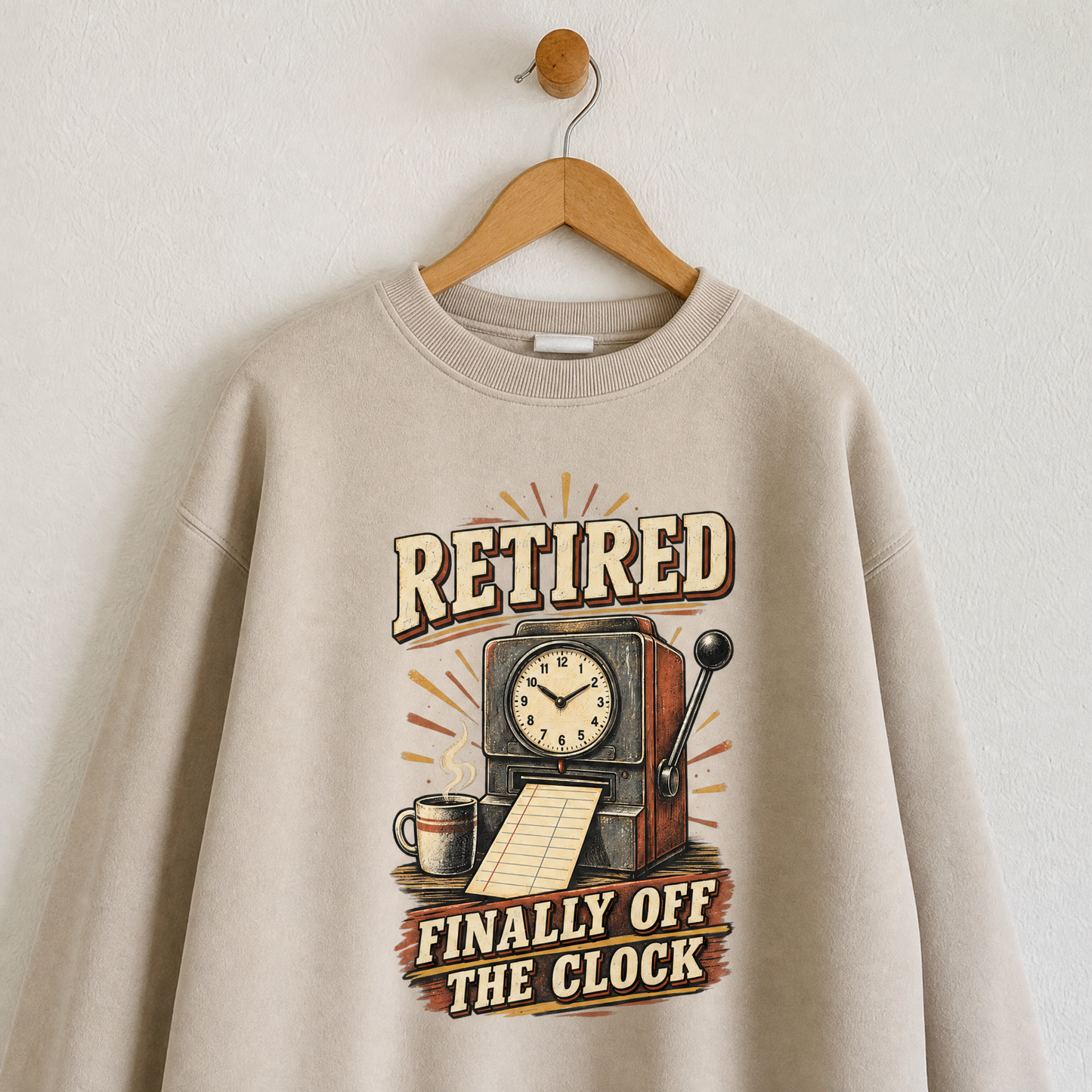Beige vintage sweatshirt hanging with printed Retired Finally Off The Clock design