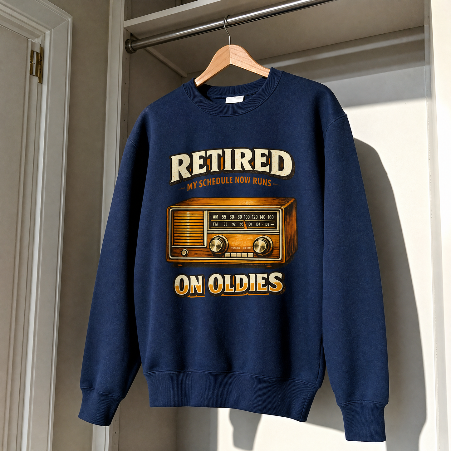 vintage sweatshirt on hanger with 39 schedule runs on oldies ideogram 4x printed design