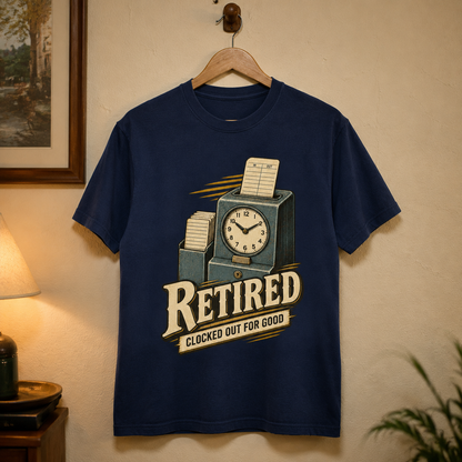 Navy vintage t-shirt hanging with printed Clocked Out For Good retirement clock design