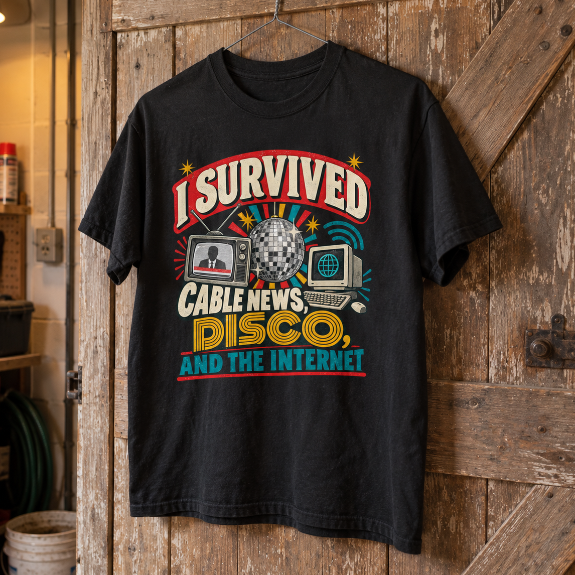 Black vintage t-shirt hanging with printed I Survived Cable News, Disco, And The Internet design