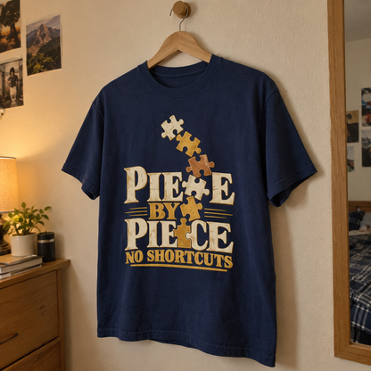 Navy vintage t-shirt hanging with printed Piece By Piece No Shortcuts puzzle design