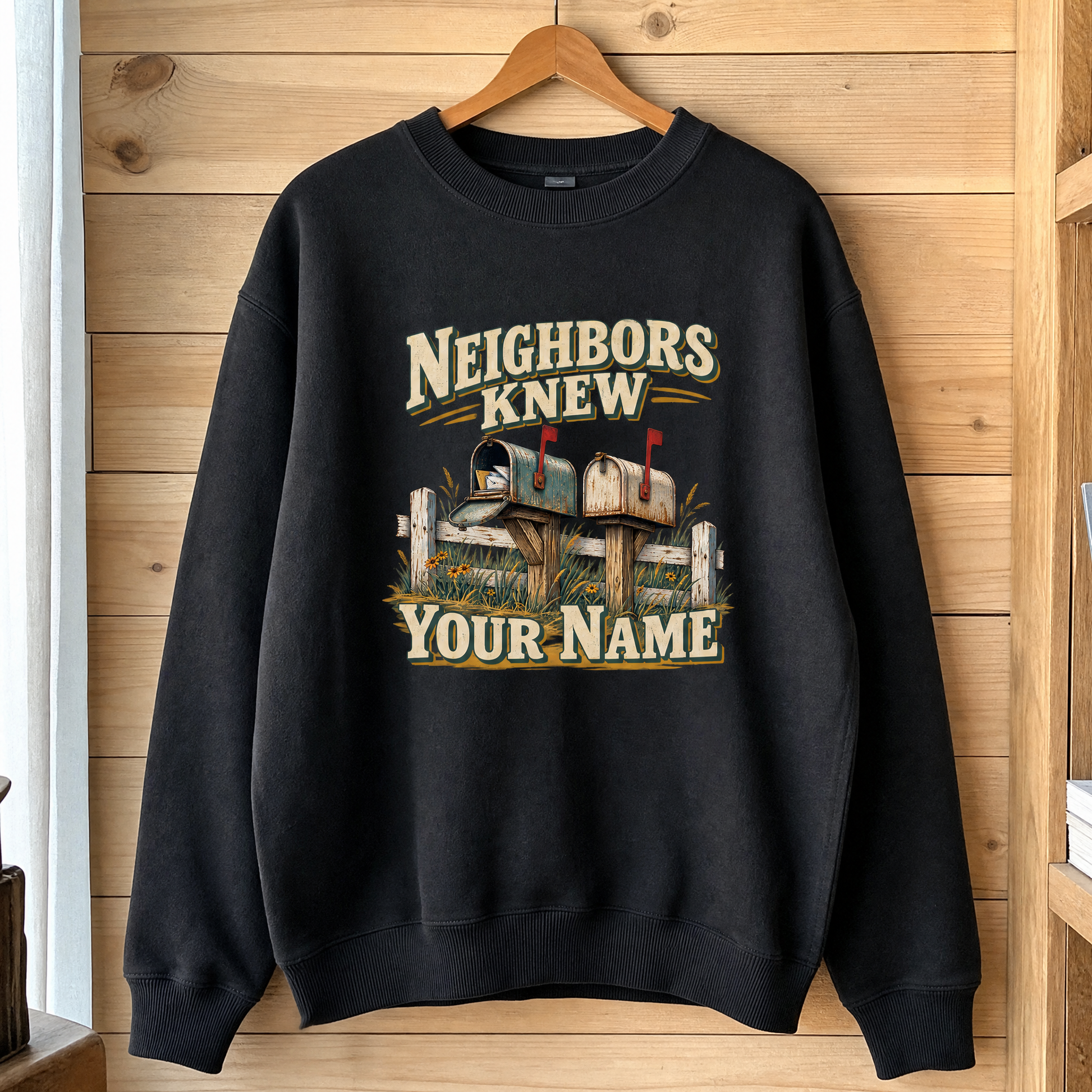 Black vintage sweatshirt hanging with printed “Neighbors Knew Your Name” mailbox design