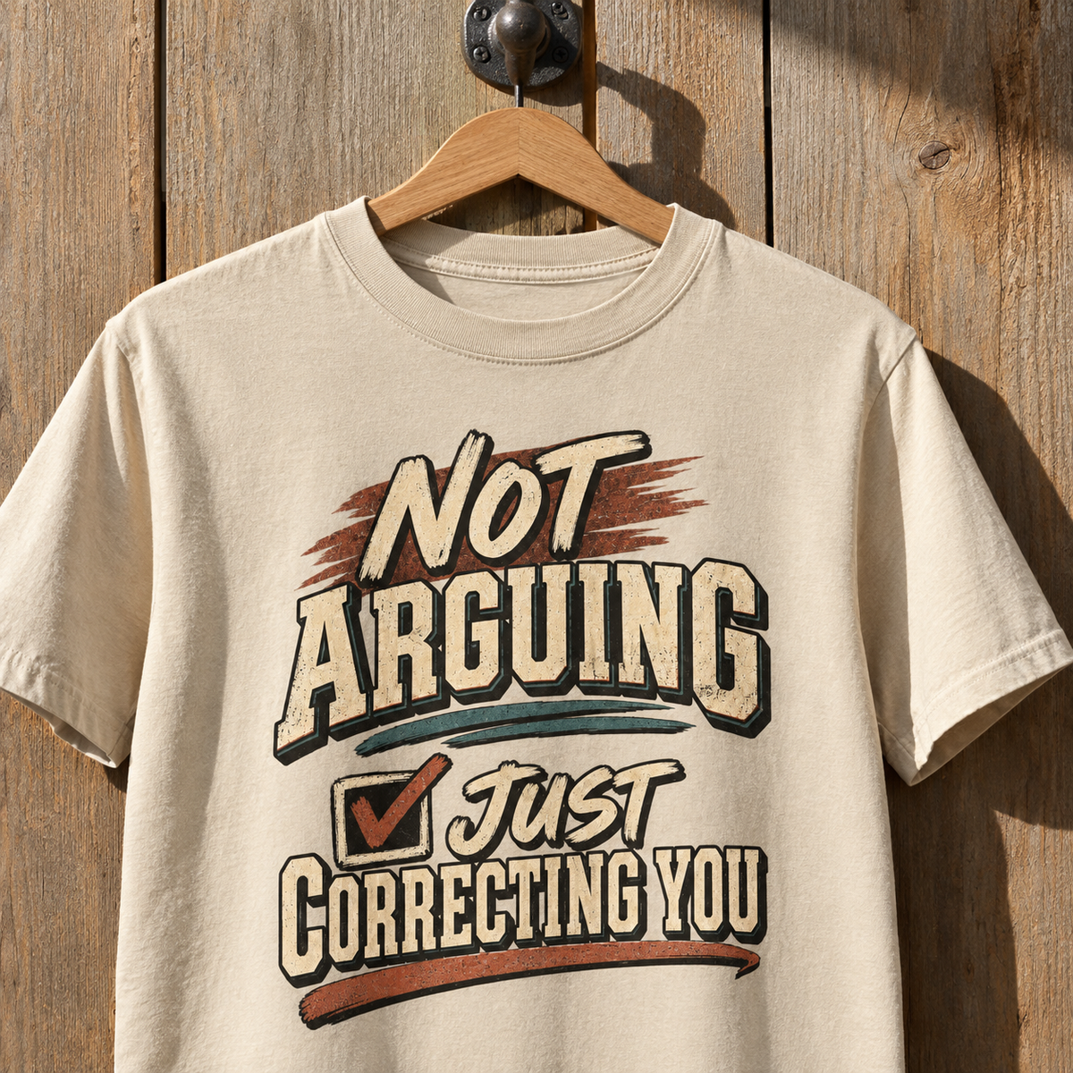 Cream vintage t-shirt hanging with printed “Not Arguing. Just Correcting You” slogan on front