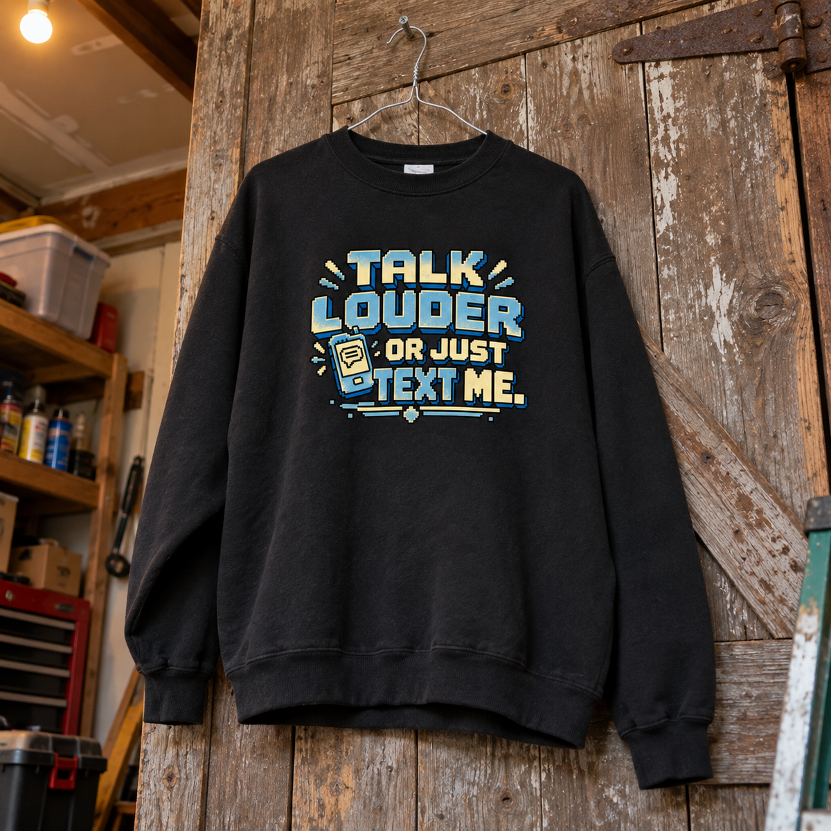 Black vintage sweatshirt hanging on wooden door with Talk Louder Or Just Text Me print