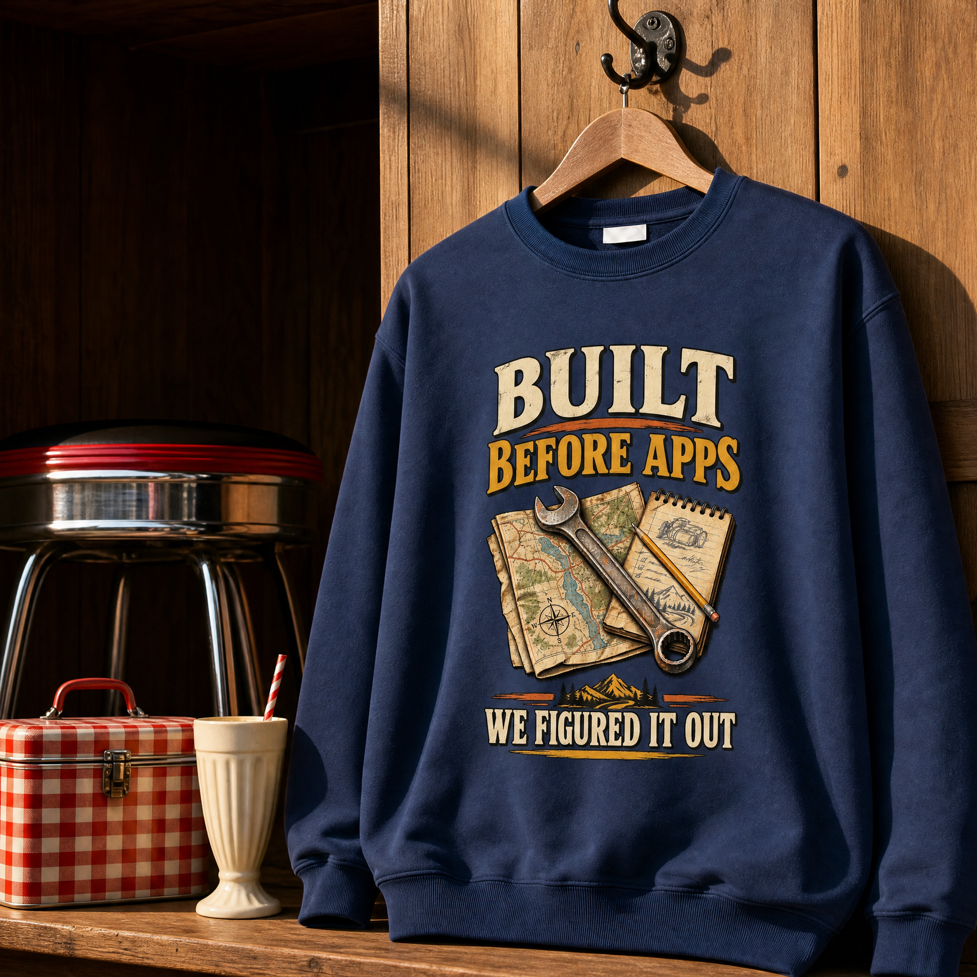 Navy vintage sweatshirt hanging with printed “Built Before Apps We Figured It Out” design