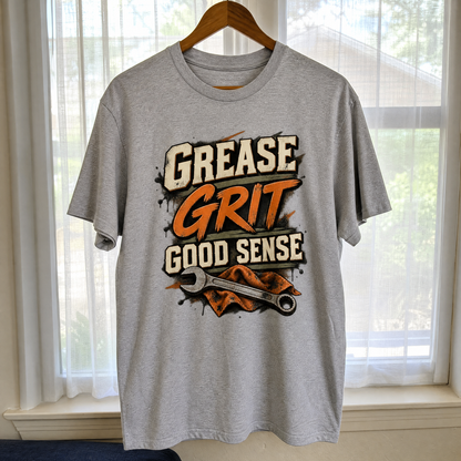 Grey vintage t-shirt hanging with printed Grease Grit Good Sense slogan design