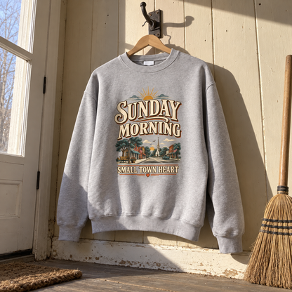 Gray vintage sweatshirt hanging on wooden hanger with printed Sunday Morning Small Town Heart design