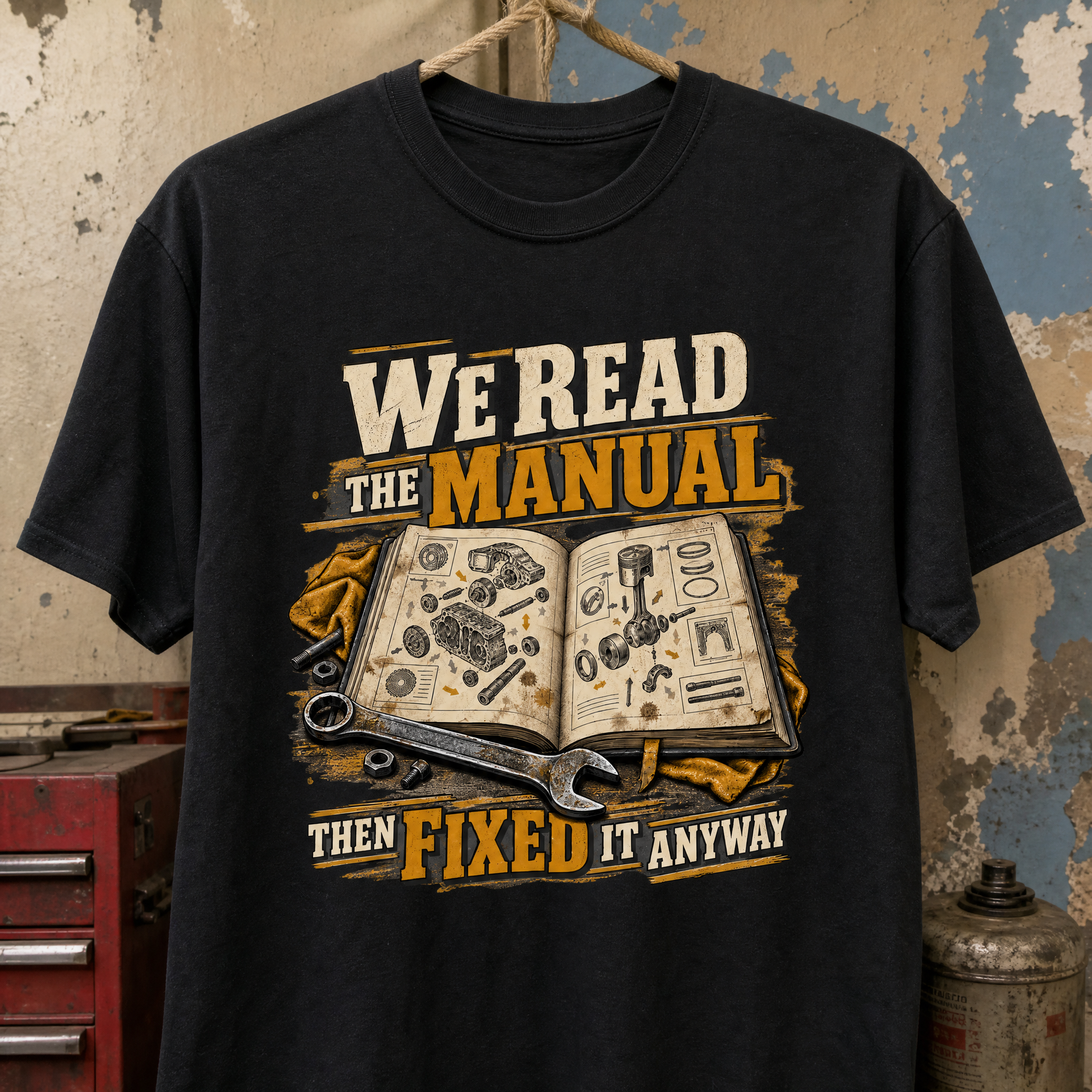 Black vintage t-shirt hanging with printed “We Read The Manual Then Fixed It Anyway”