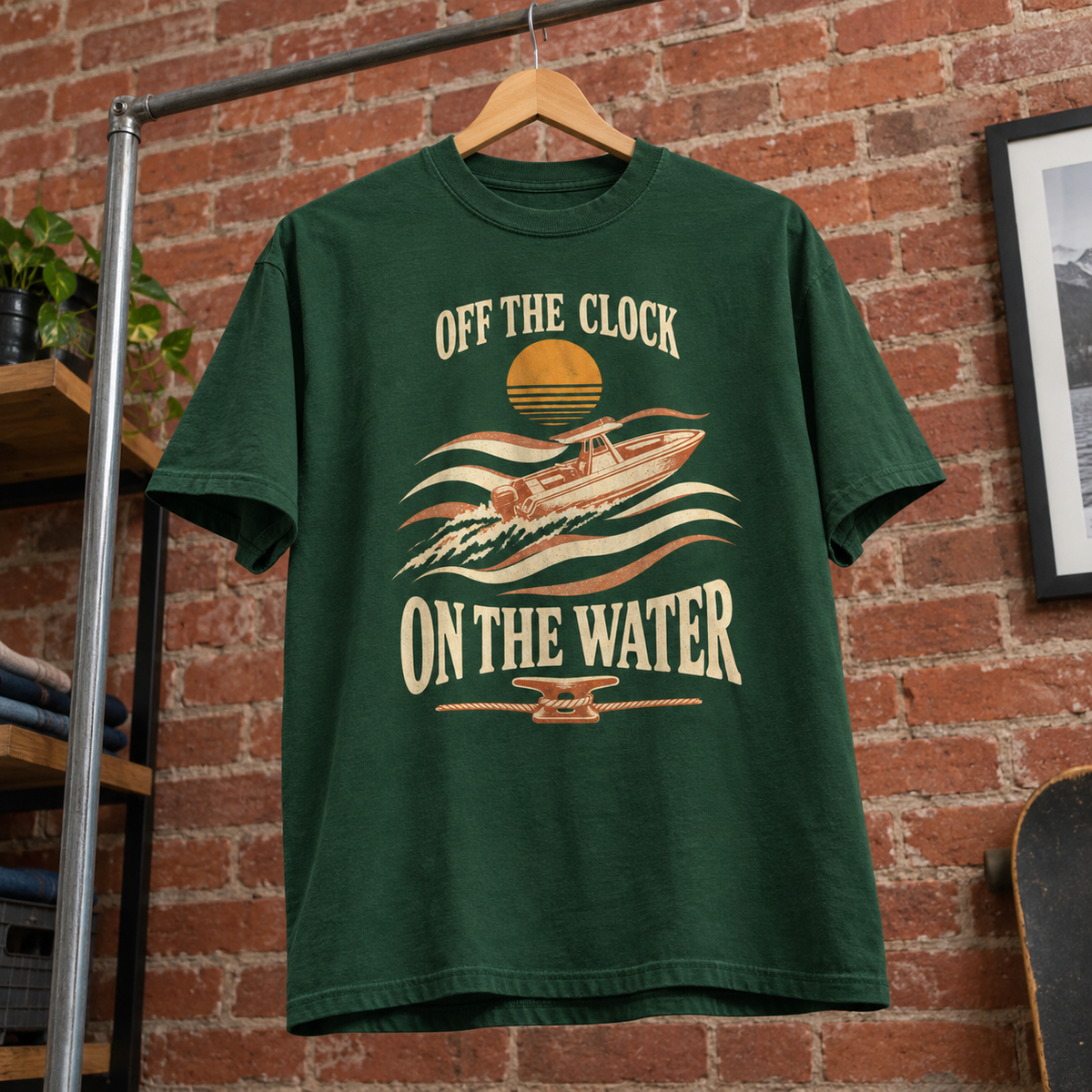 Green vintage t-shirt hanging, printed Off The Clock On The Water boat design front view