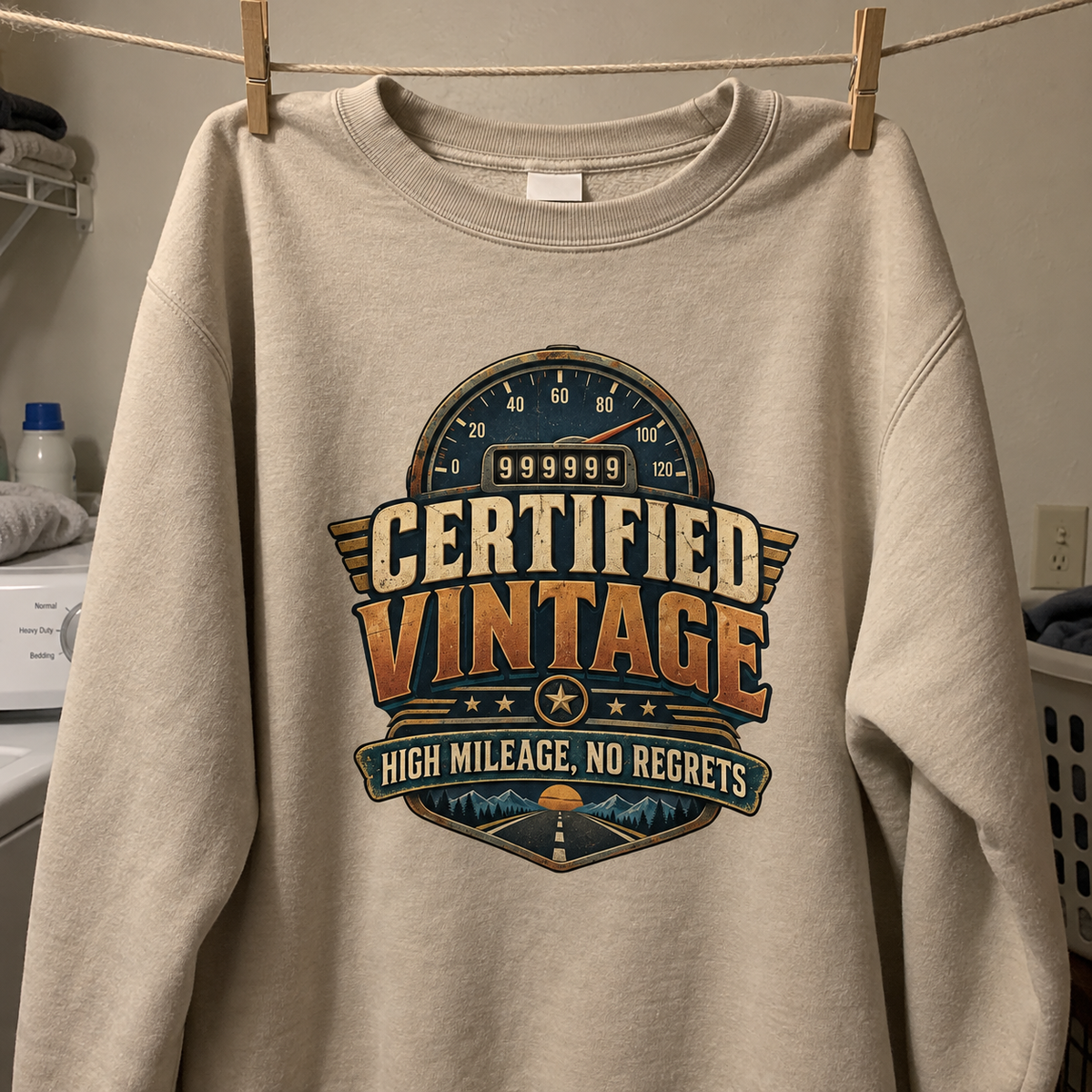 Beige vintage sweatshirt hanging on a clothesline with printed Certified Vintage High Mileage, No Regrets design.