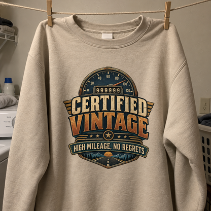 Beige vintage sweatshirt hanging on a clothesline with printed Certified Vintage High Mileage, No Regrets design.