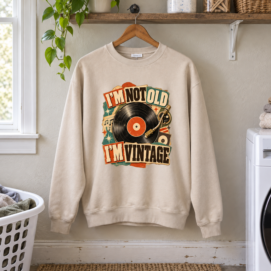 Cream vintage sweatshirt hanging on a wooden hanger with printed vinyl record and slogan